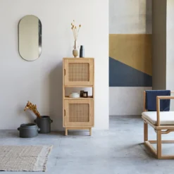 Luis - Bibliothèque Basse En Orme Massif Et Cannage