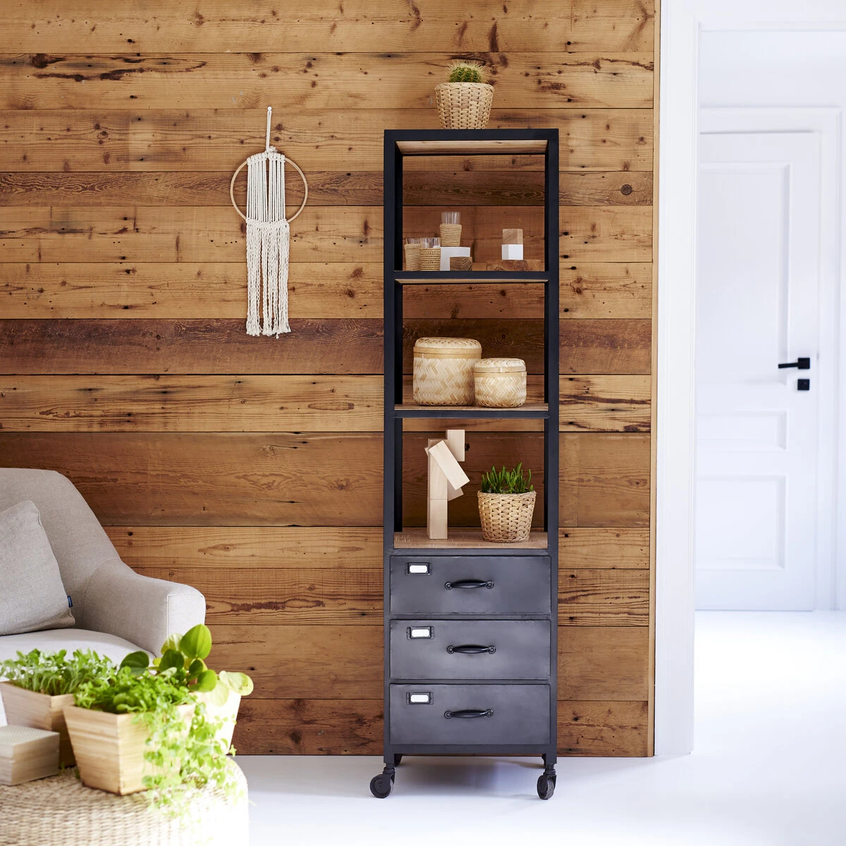 Industriel - Colonne En Manguier Et Métal 1 Industriel - Colonne En Manguier Et Métal