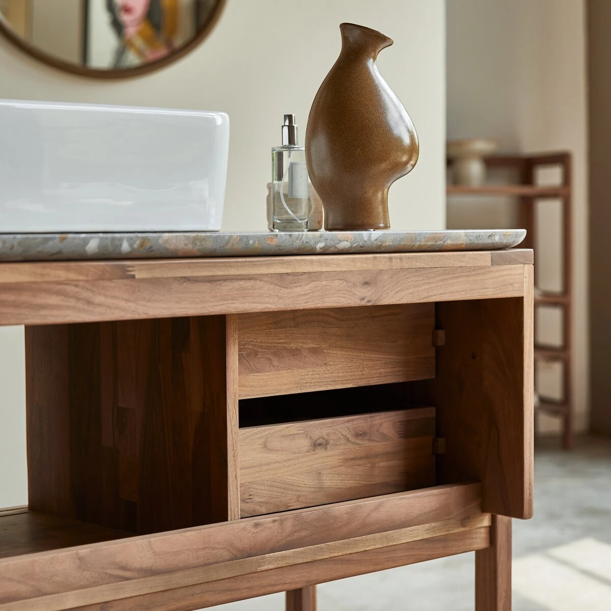 Isaure - Meuble Salle De Bain En Noyer Massif Et Terrazzo Premium 125 Cm 6 Isaure - Meuble Salle De Bain En Noyer Massif Et Terrazzo Premium 125 Cm â Image 6