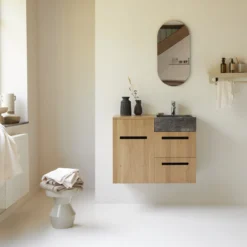Line - Meuble Salle De Bain En Chêne Massif Et Marbre 85 Cm