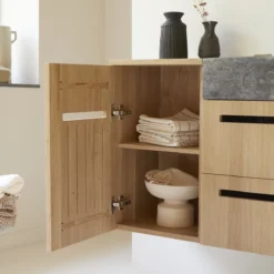 Line - Meuble Salle De Bain En Chêne Massif Et Marbre 85 Cm -Homezia Soldes Boutique 1200 1200 meuble salle de bain en chene massif et marbre line 85 cm 5