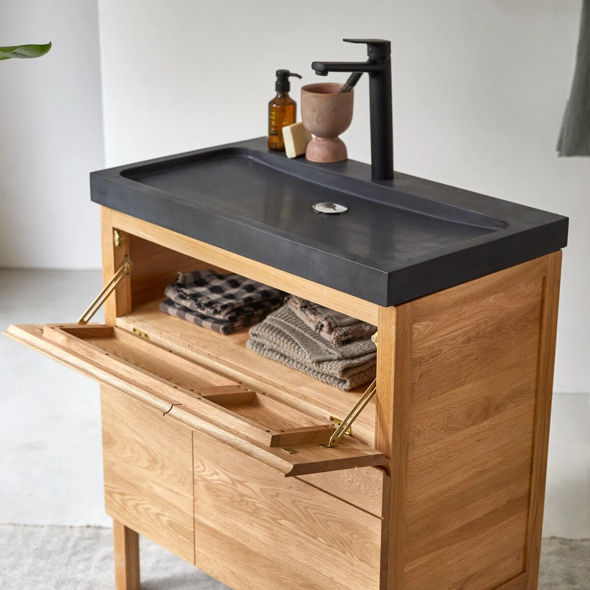 Easy - Meuble Salle De Bain En Chêne Massif Et Pierre De Lave 80 Cm 2 Easy - Meuble Salle De Bain En Chêne Massif Et Pierre De Lave 80 Cm – Image 2