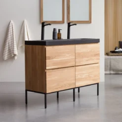 Nova - Meuble Salle De Bain En Chêne Massif Et Pierre De Lave 120 Cm -Homezia Soldes Boutique 1200 1200 meuble salle de bain en chene massif et pierre de lave nova 120 cm 3