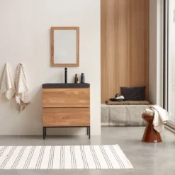 Nova - Meuble Salle De Bain En Chêne Massif Et Pierre De Lave 80 Cm