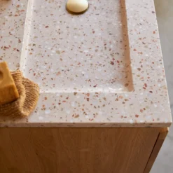 Nova - Meuble Salle De Bain En Chêne Massif Et Terrazzo Premium Pink 80 Cm -Homezia Soldes Boutique 1200 1200 meuble salle de bain en chene massif et terrazzo premium pink 80 nova 4