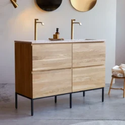 Nova - Meuble Salle De Bain En Chêne Massif Et Terrazzo Premium Pink 120 Cm -Homezia Soldes Boutique 1200 1200 meuble salle de bain en chene massif et terrazzo premium pink nova 120 cm 2