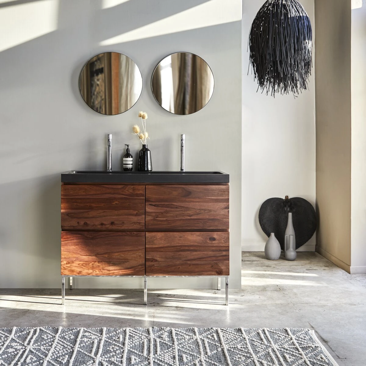 Nova - Meuble Salle De Bain En Palissandre Massif Et Pierre De Lave 120 Cm 1 Nova - Meuble Salle De Bain En Palissandre Massif Et Pierre De Lave 120 Cm